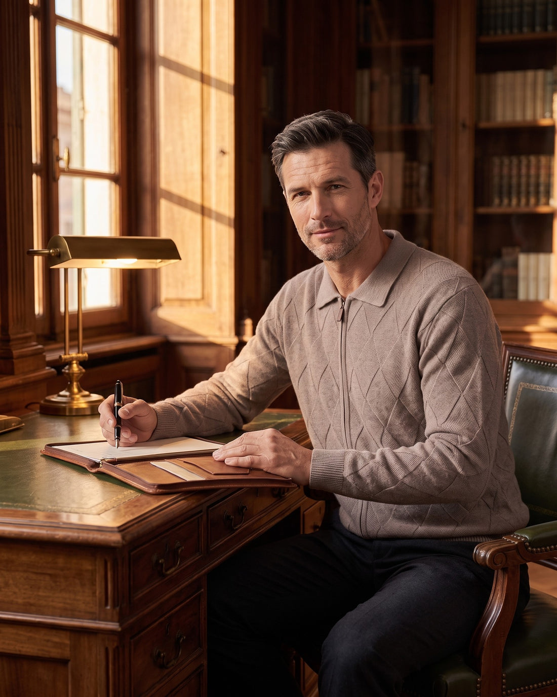 KEPT Men's Zip Cardigan - Balmoral in mocha, worn in a wood-panelled study