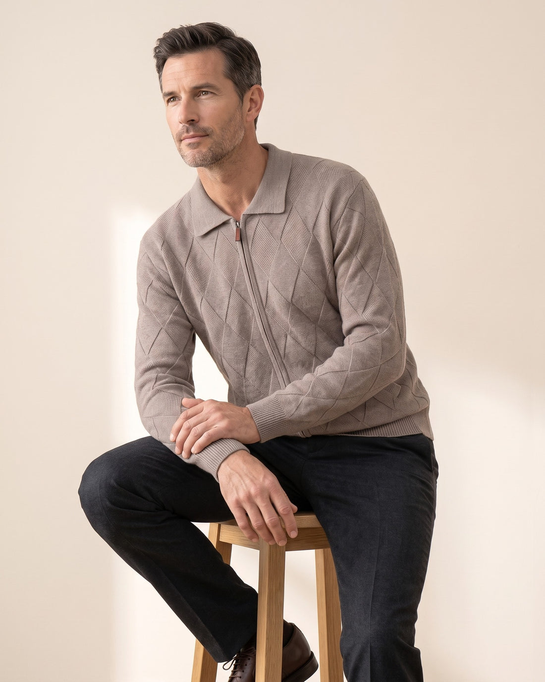 KEPT Men's Zip Cardigan - Balmoral in mocha, in motion