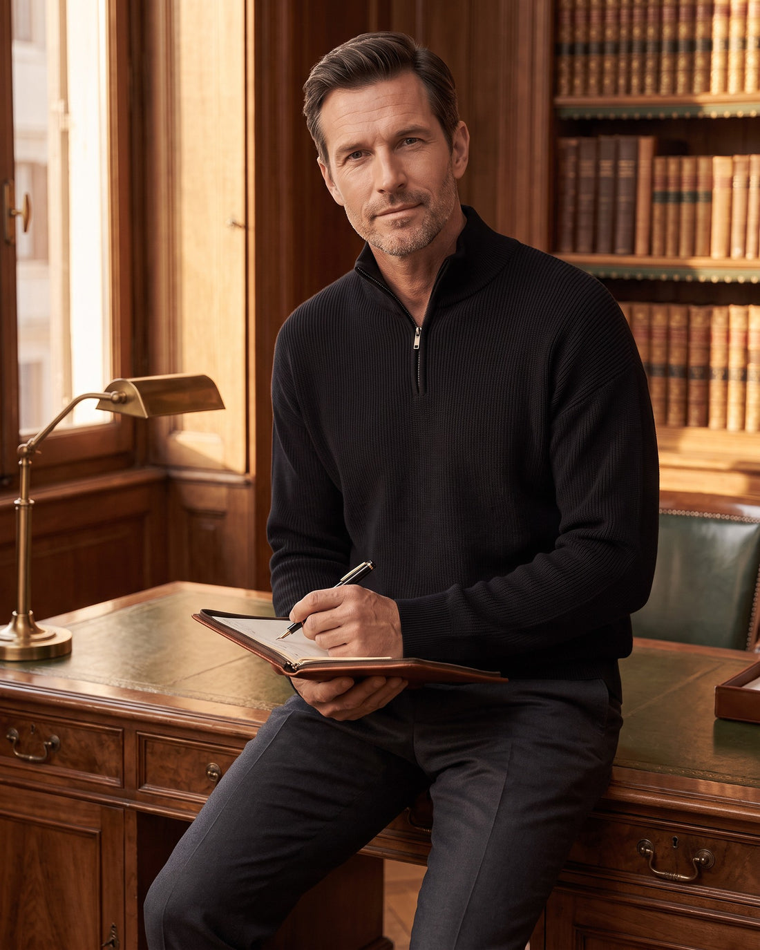 KEPT Men's Half-Zip Sweater - Bruges in black, worn in a wood-panelled study