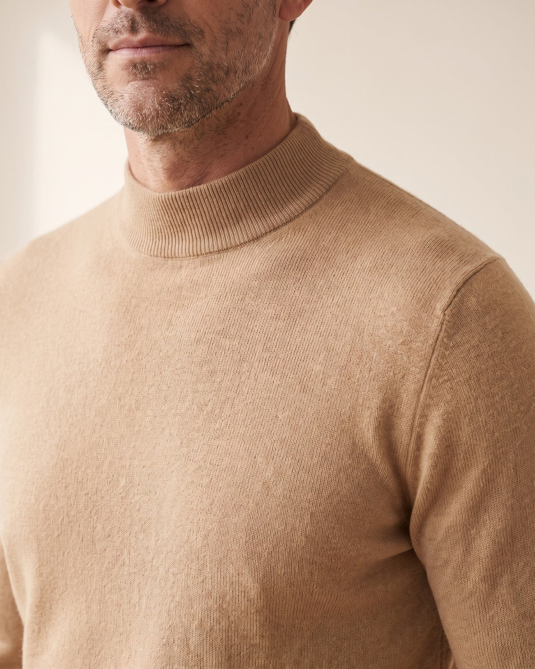 KEPT Men's Turtleneck Sweater - Lucerne in beige, detail close-up