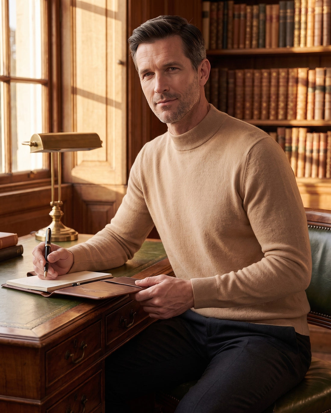 KEPT Men's Turtleneck Sweater - Lucerne in beige, worn in a wood-panelled study