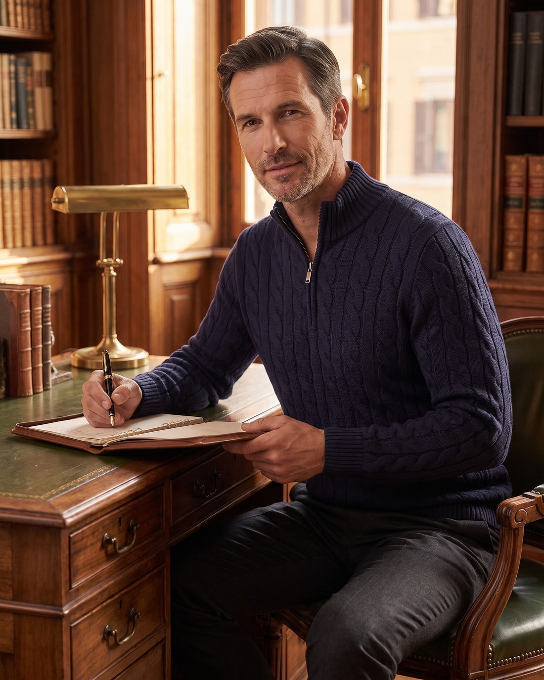 KEPT Men's Half-Zip Sweater - Taebaek in navy, worn in a wood-panelled study
