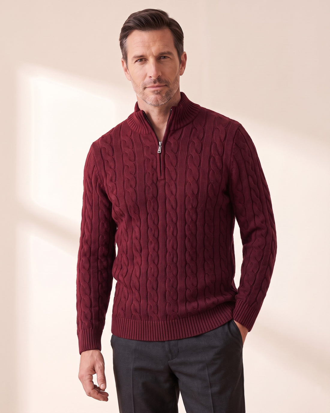 KEPT Men's Half-Zip Sweater - Taebaek in burgundy