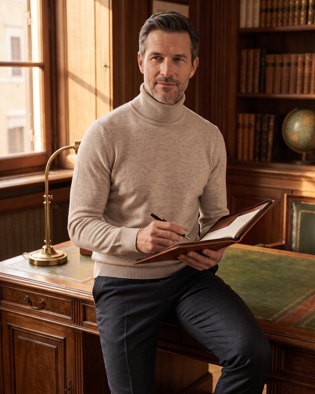 KEPT Men's Turtleneck Sweater - Jangsan in beige, worn in a wood-panelled study