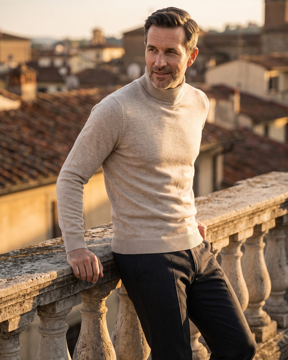 KEPT Men's Turtleneck Sweater - Jangsan in beige, worn on a terrace