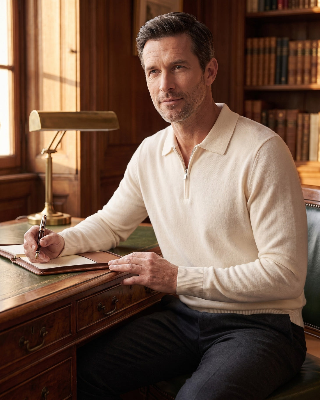 KEPT Men's Zip-Up Sweater - Gongju in white, worn in a wood-panelled study
