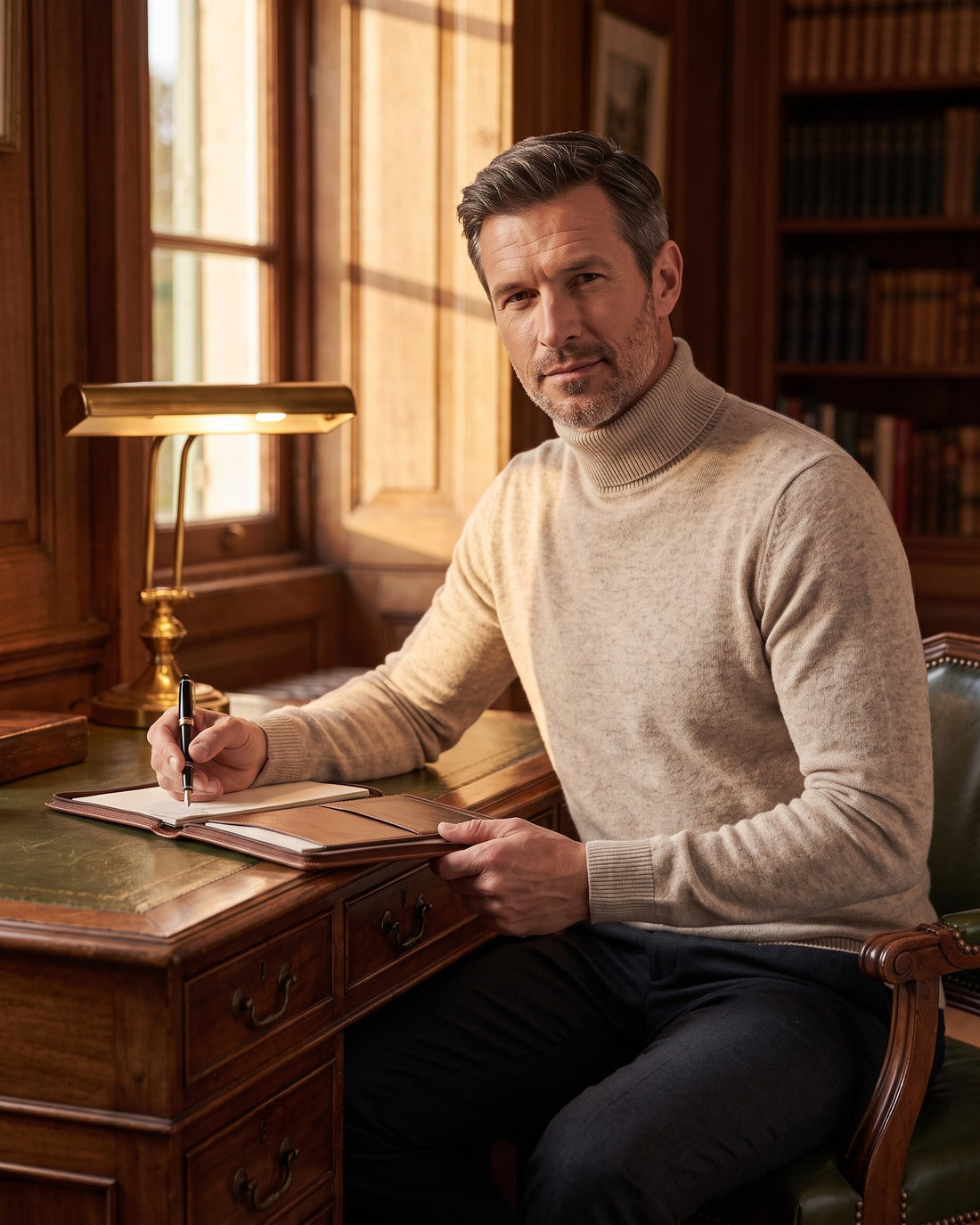 KEPT Men's Turtleneck Sweater - Gstaad in beige, worn in a wood-panelled study