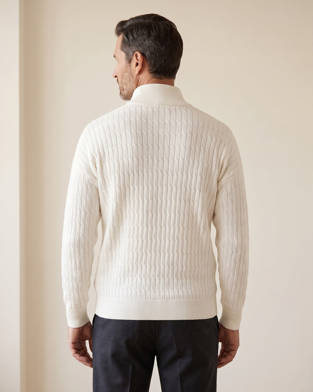 KEPT Men's Half-Zip Sweater - Gwangju in white, back view