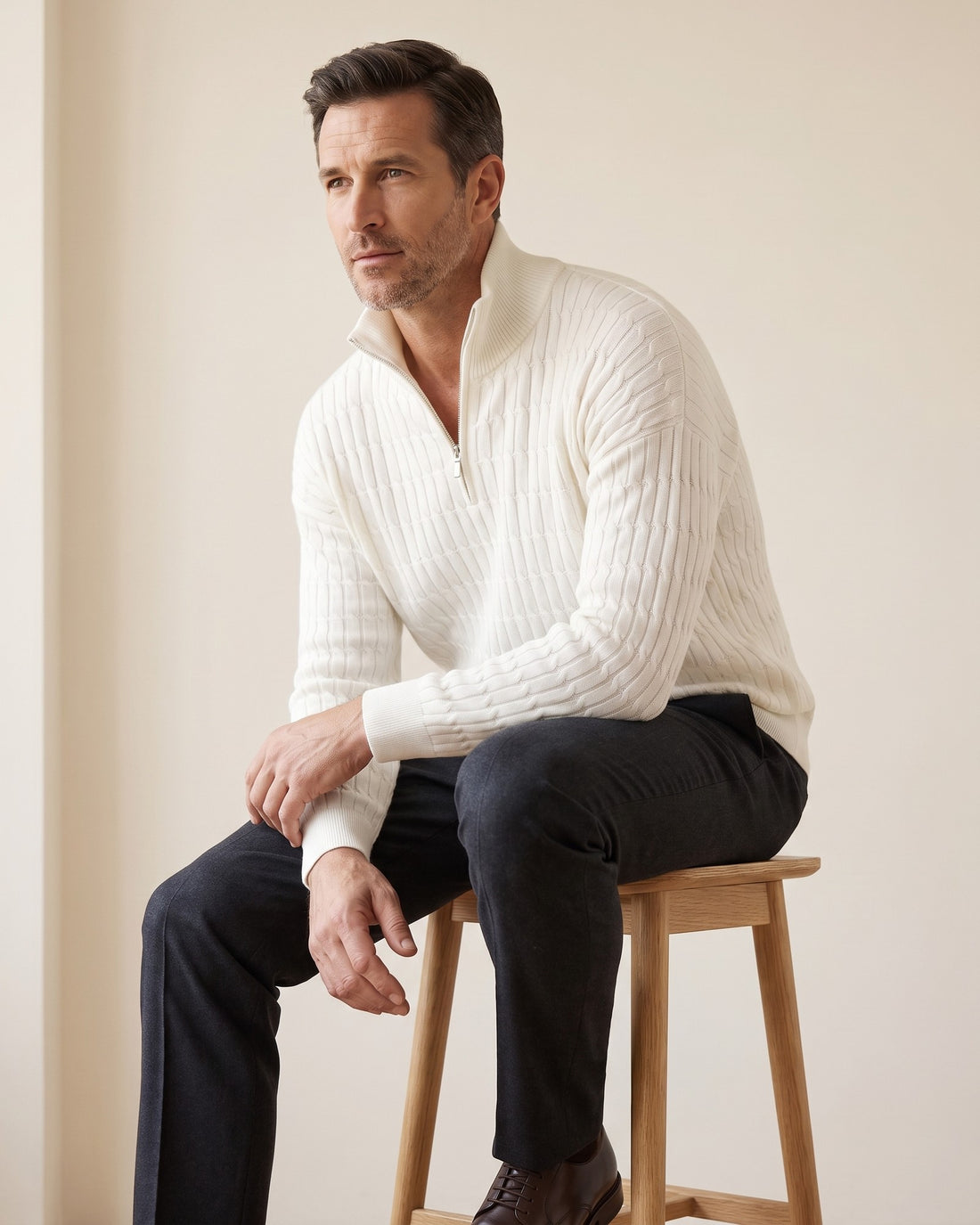 KEPT Men's Half-Zip Sweater - Gwangju in white, in motion