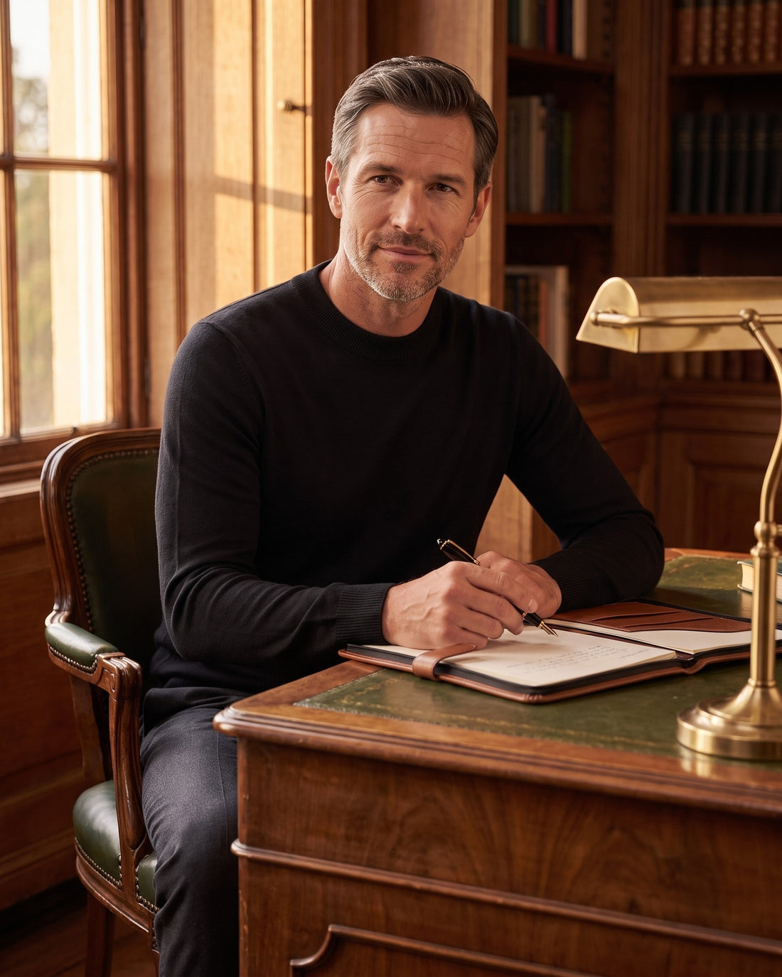 KEPT Men's Mock Neck Sweater - Trento in black, worn in a wood-panelled study