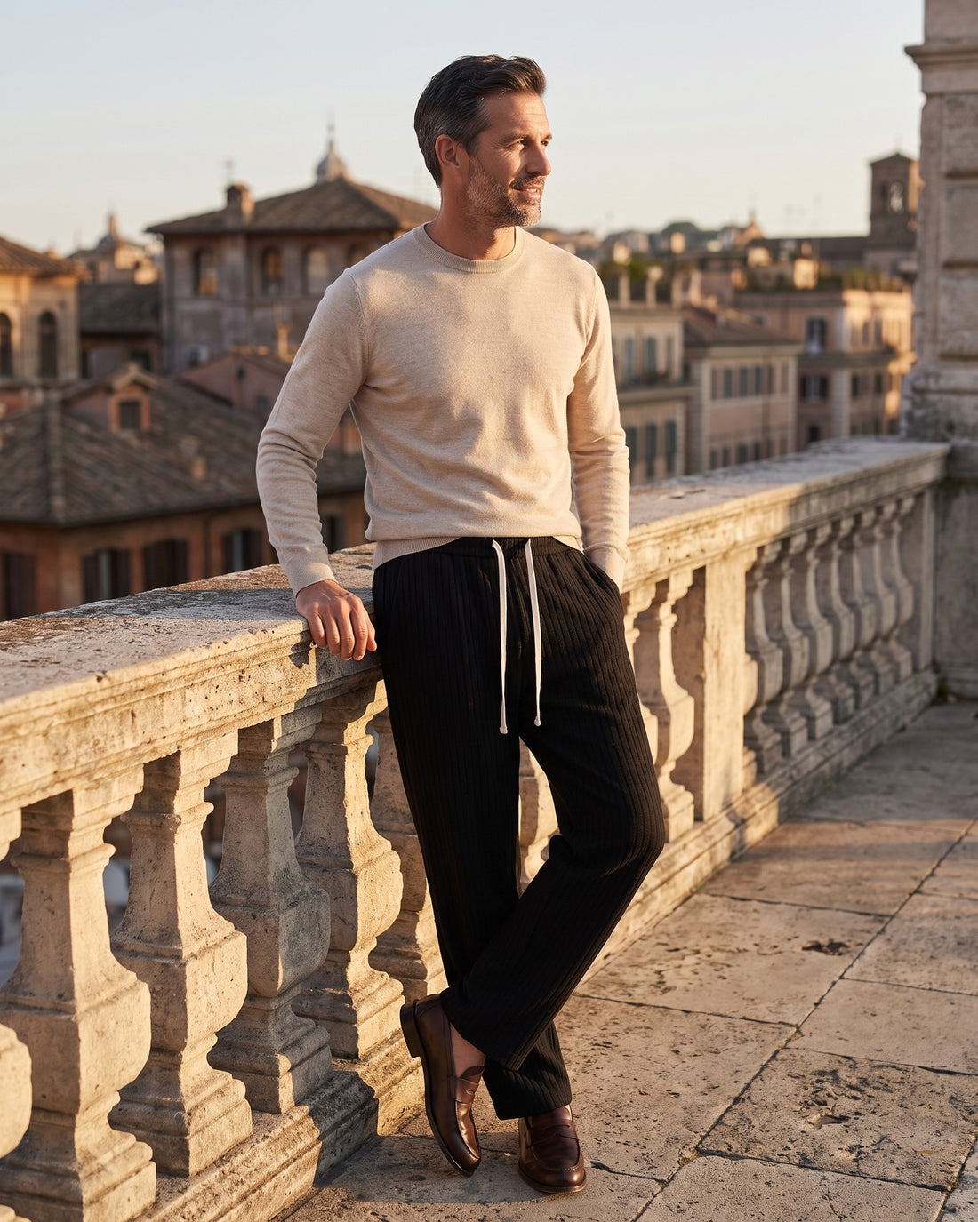 KEPT Men's Corduroy Pants - Roma in black, worn on a terrace