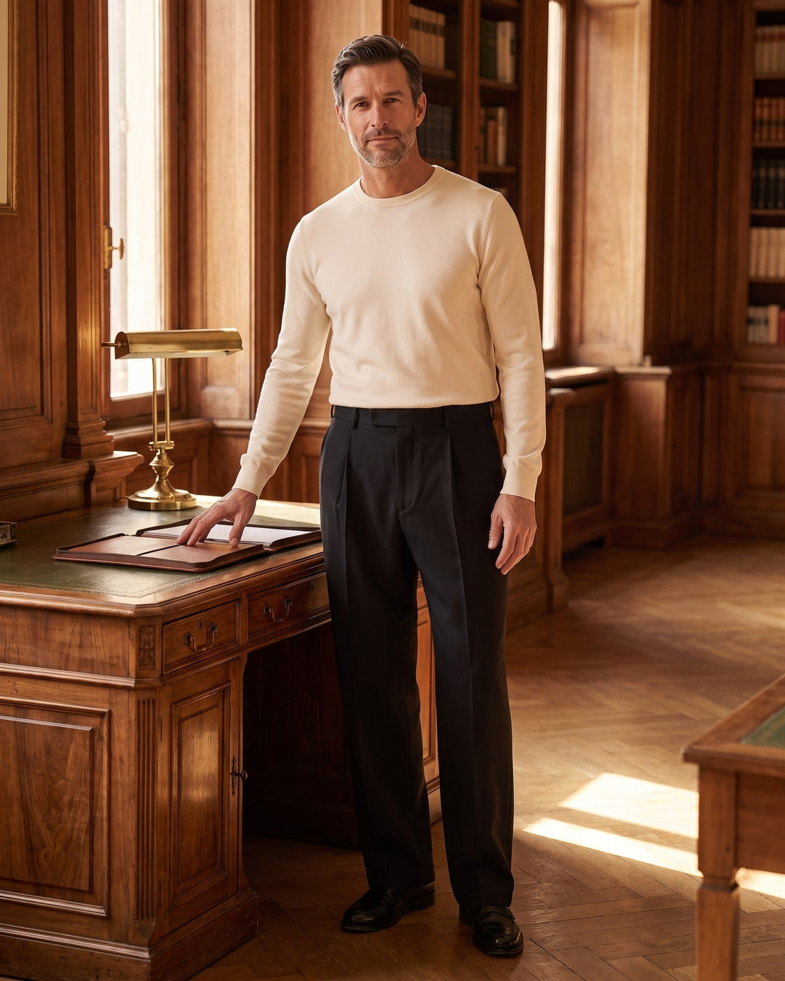 KEPT Men's Pleated Pants - Gunsan in black, worn in a wood-panelled study