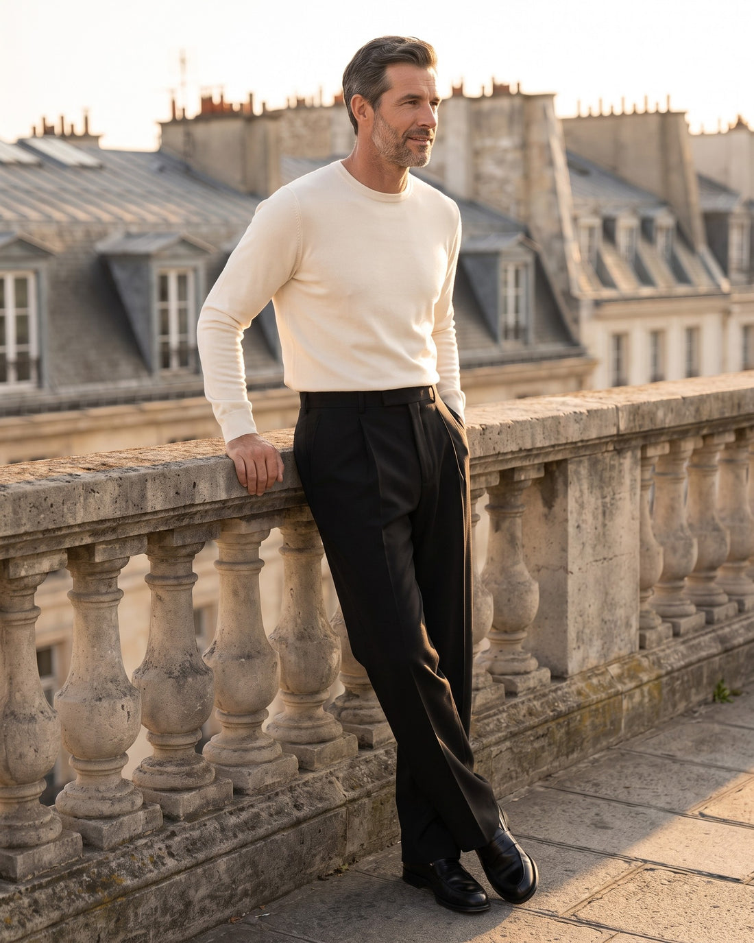 KEPT Men's Pleated Pants - Gunsan in black, worn on a terrace
