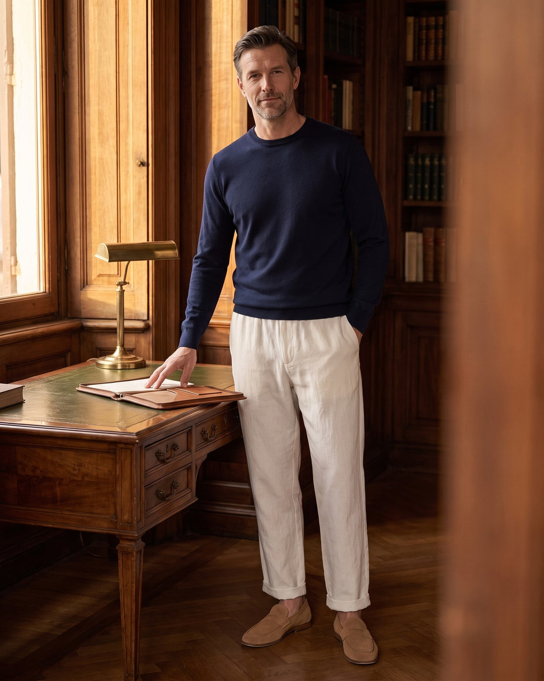KEPT Men's Drawstring Pants - Palma, worn in a wood-panelled study
