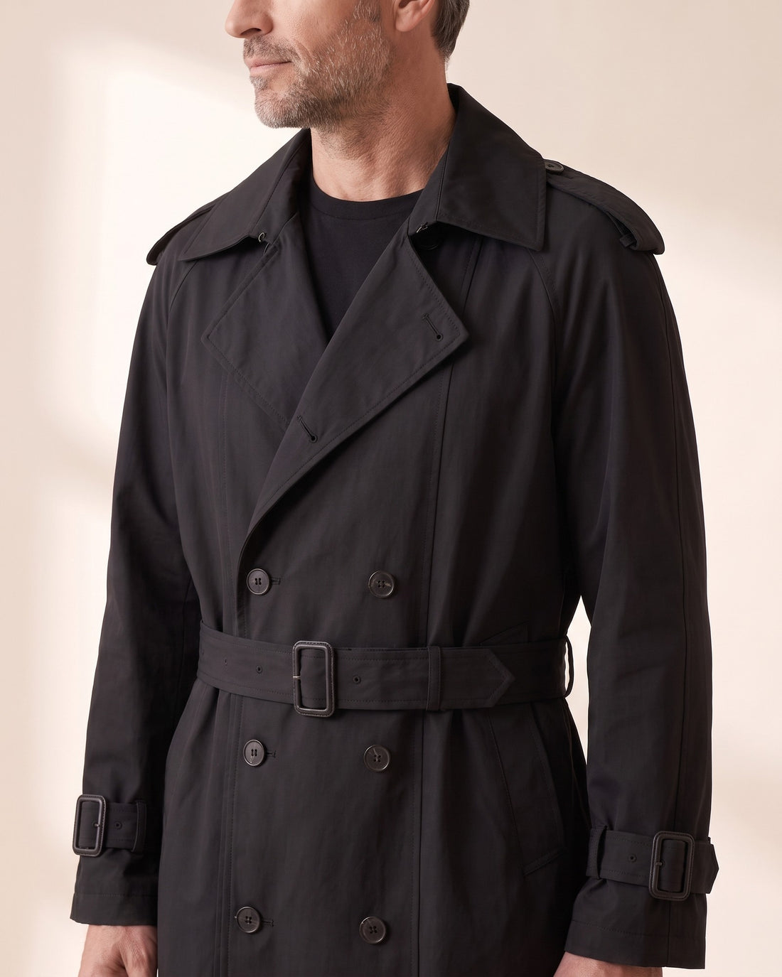 KEPT Men's Trench Coat - Kensington in black, detail close-up