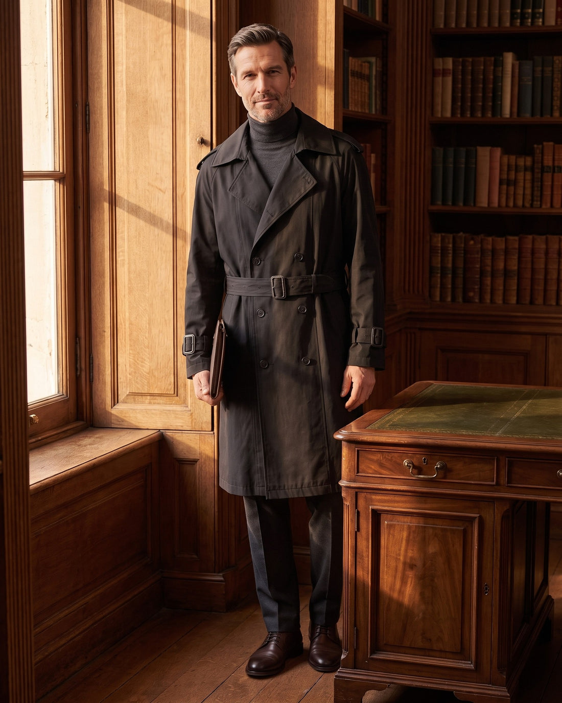 KEPT Men's Trench Coat - Kensington in black, worn in a wood-panelled study