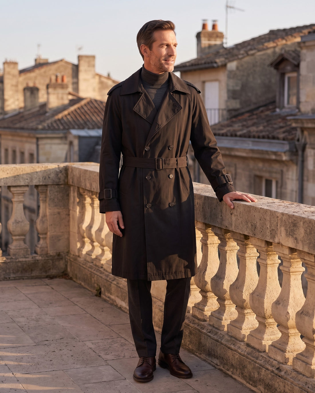 KEPT Men's Trench Coat - Kensington in black, worn on a terrace
