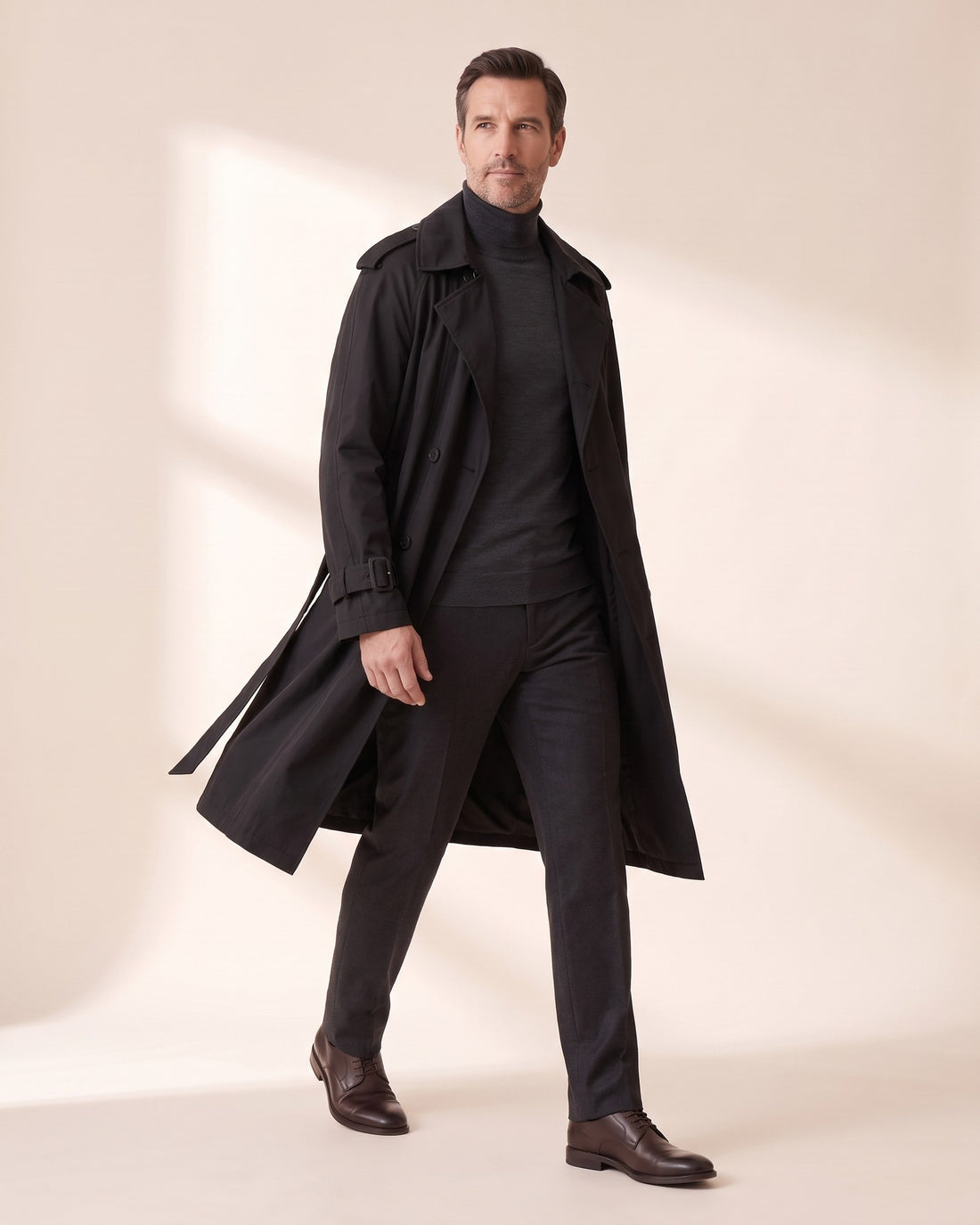 KEPT Men's Trench Coat - Kensington in black, in motion