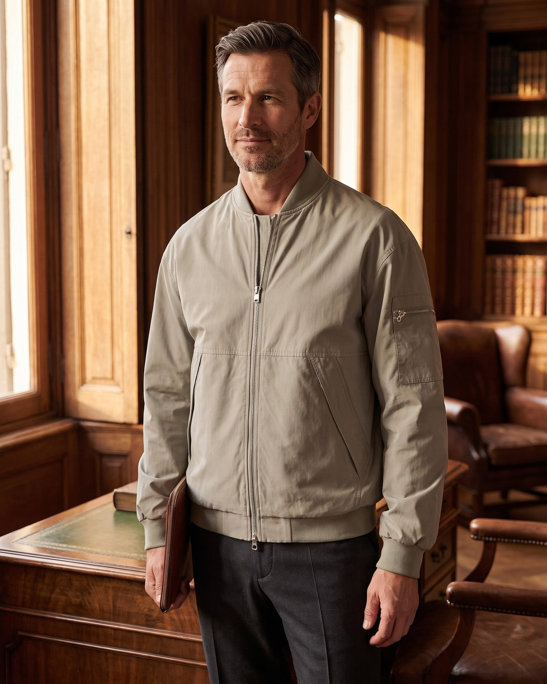 KEPT Men's Bomber Jacket - Genoa in grey, worn in a wood-panelled study