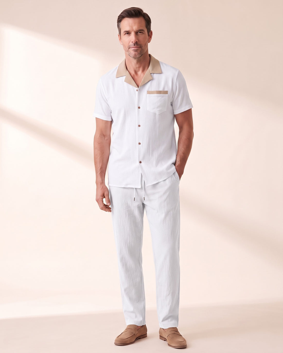 KEPT Men's 2-Piece Outfit Set - Sardinia in tan and white