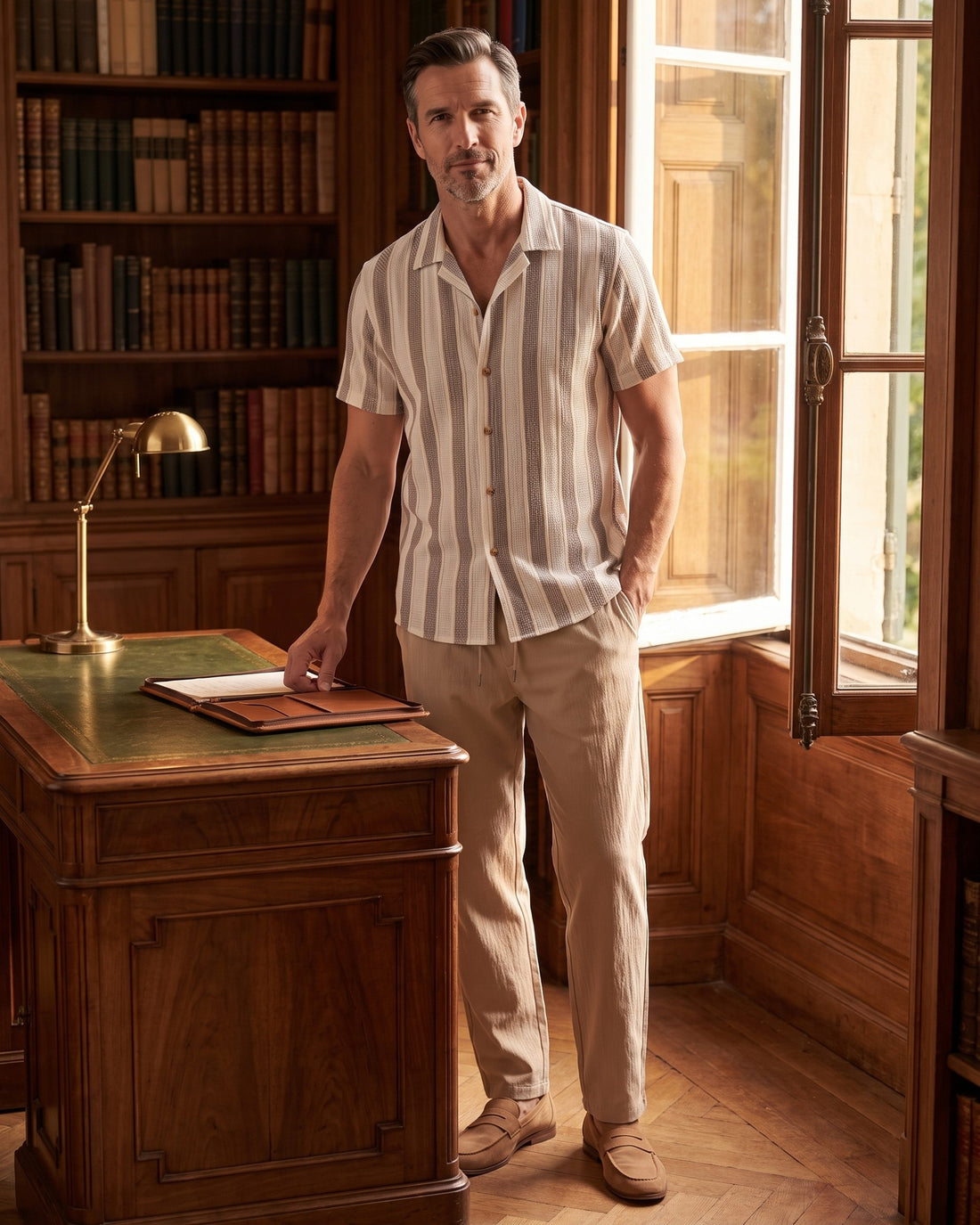 KEPT Men's 2-Piece Outfit Set - Sanremo in beige, worn in a wood-panelled study
