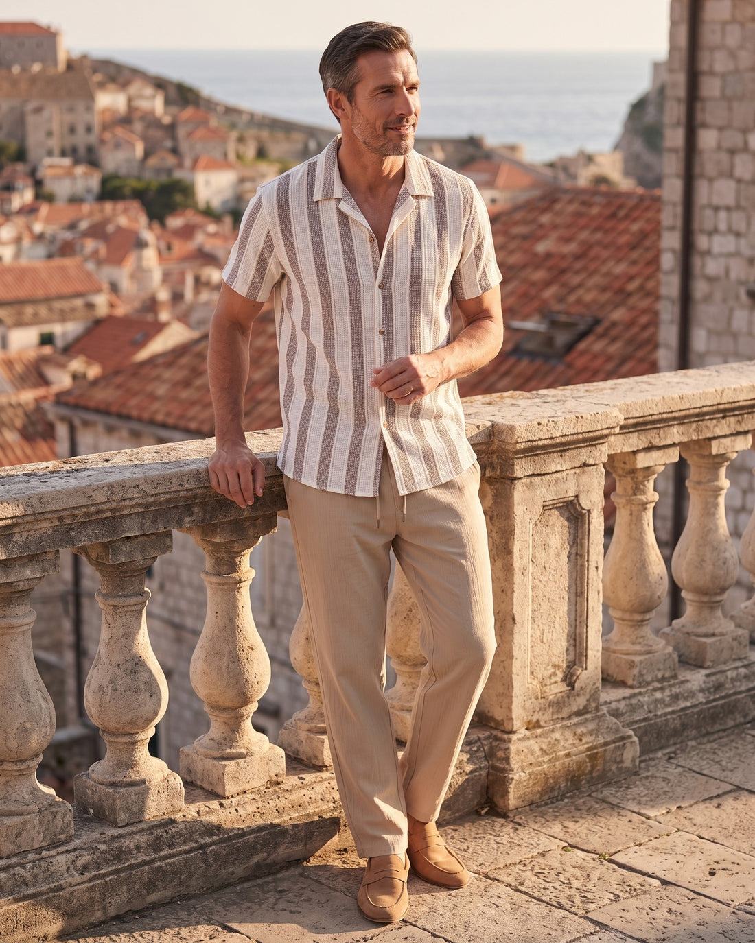 KEPT Men's 2-Piece Outfit Set - Sanremo in beige, worn on a terrace
