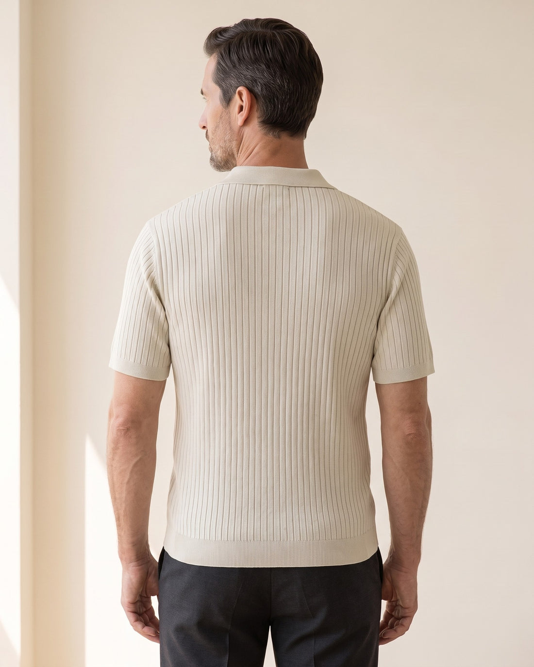 KEPT Men's Ribbed Polo - Ostuni in beige, back view