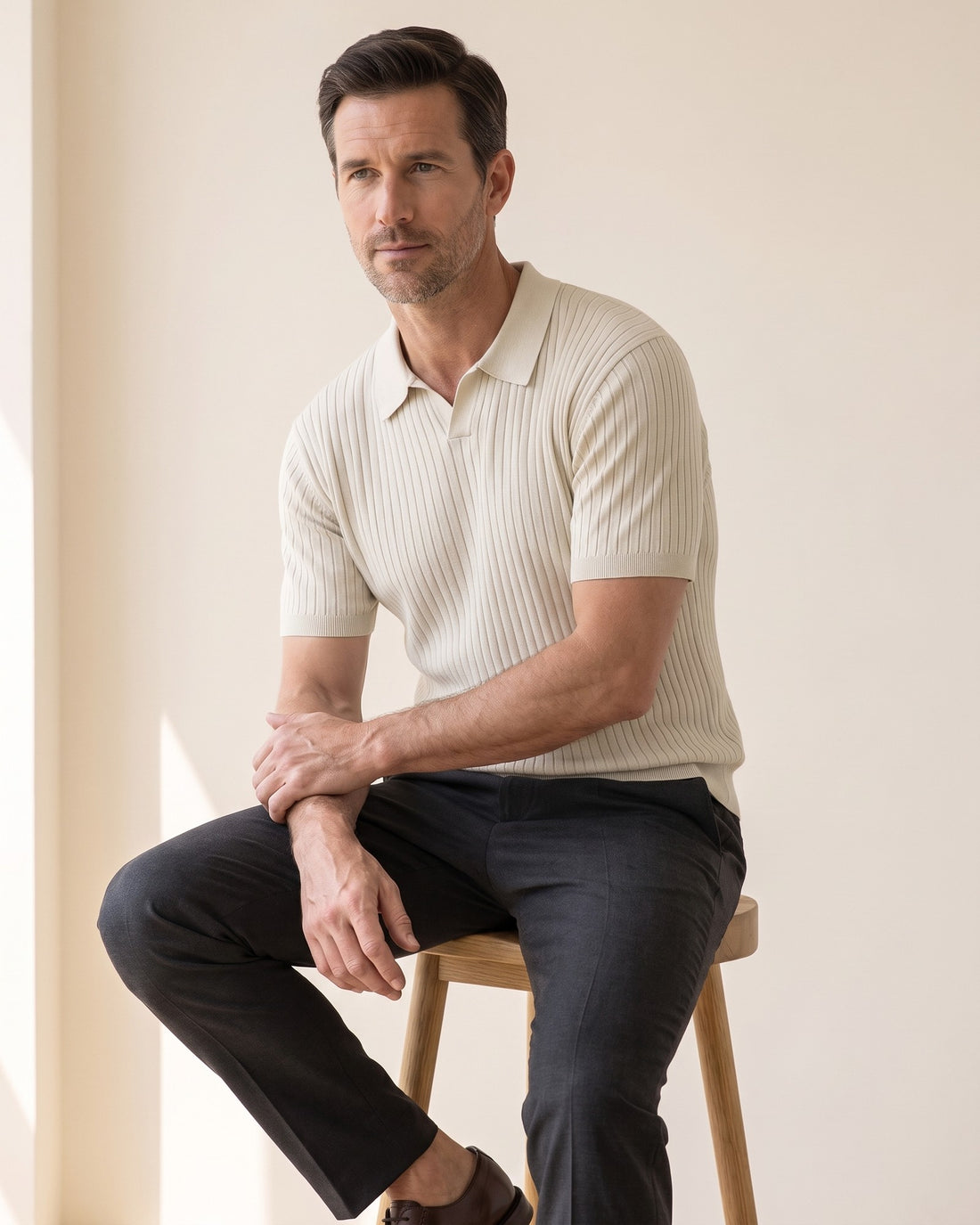 KEPT Men's Ribbed Polo - Ostuni in beige, in motion