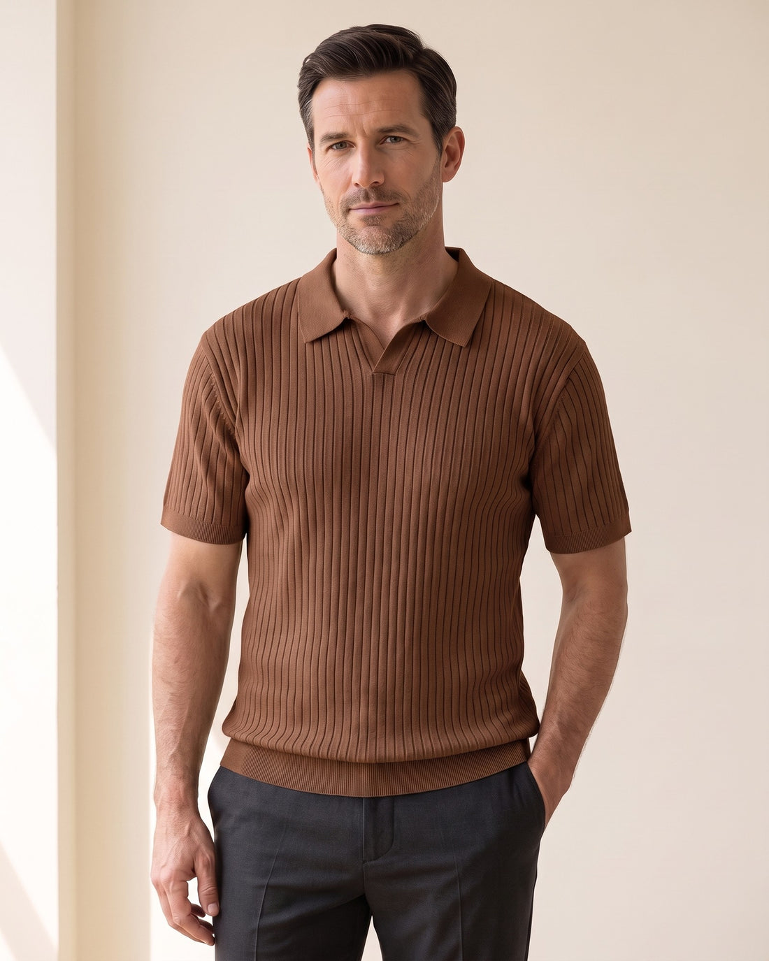 KEPT Men's Ribbed Polo - Ostuni in brown