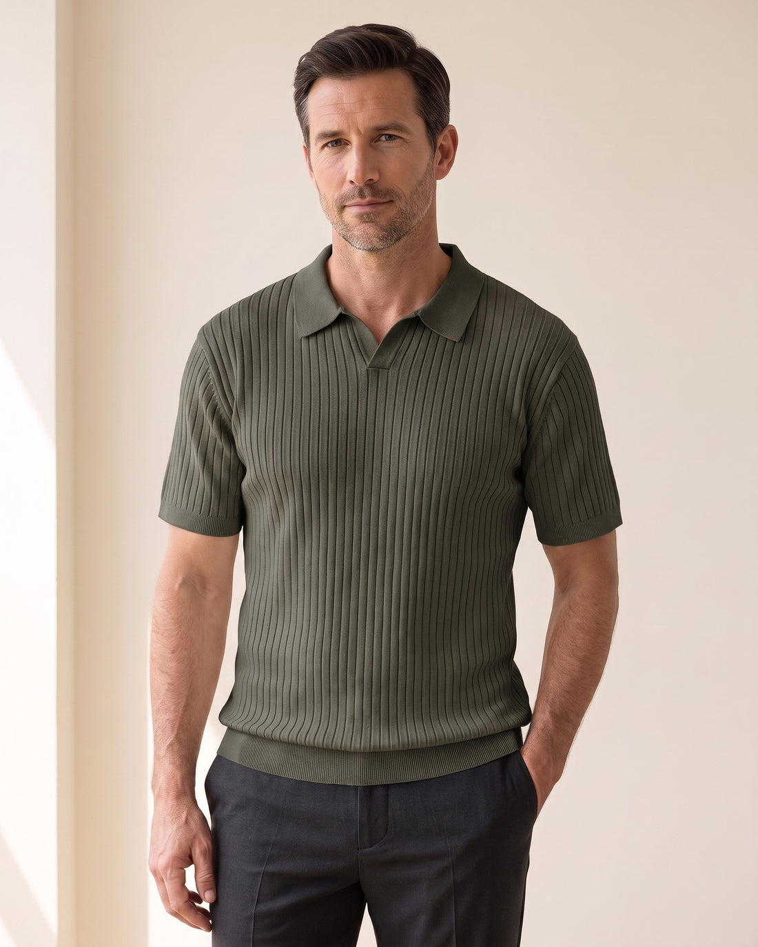 KEPT Men's Ribbed Polo - Ostuni in green