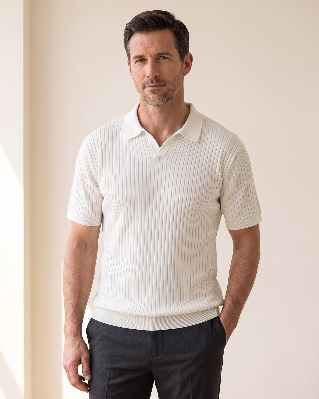 KEPT Men's Ribbed Polo - Ostuni in ivory