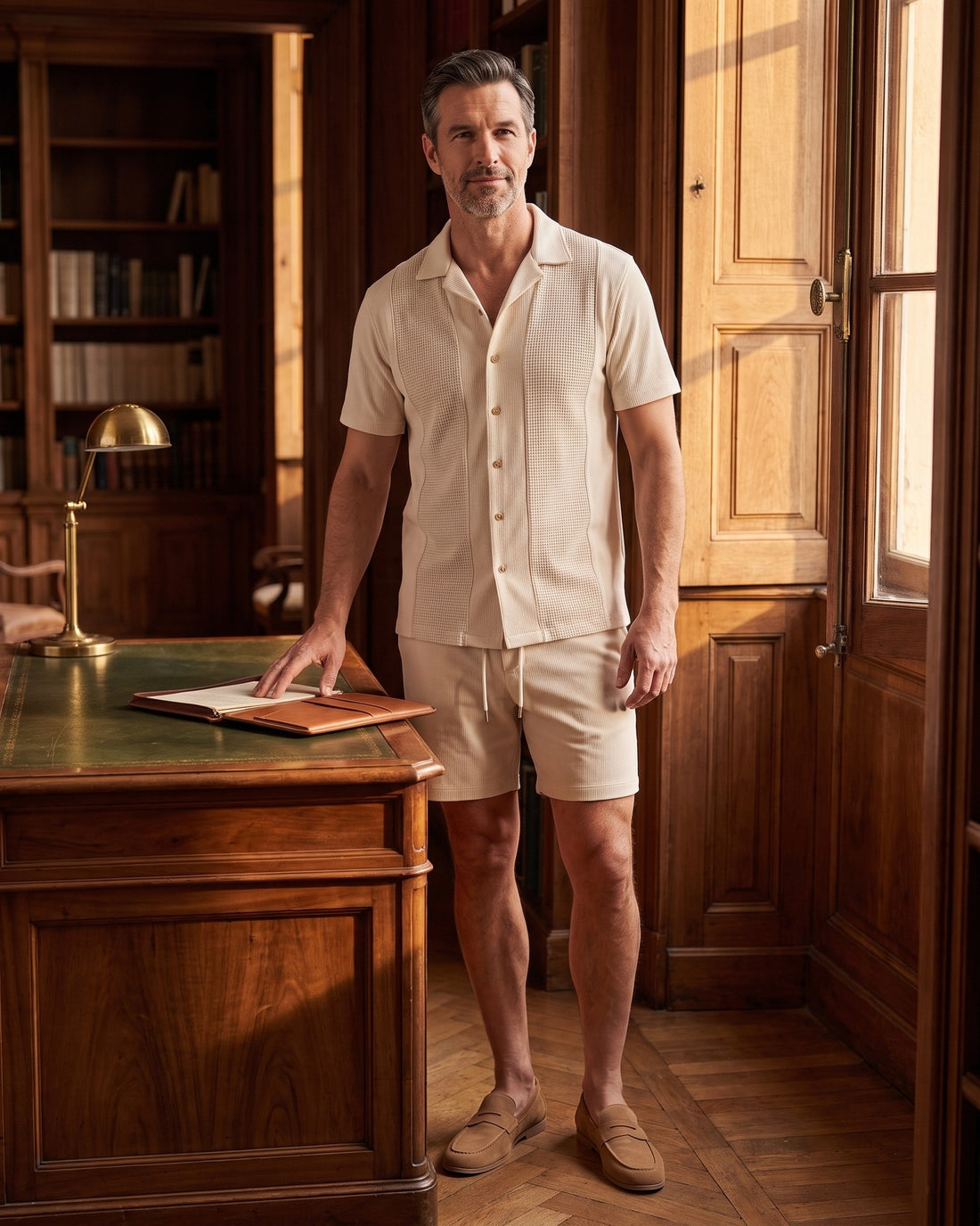 KEPT Men's 2-Piece Outfit Set - Roma in beige, worn in a wood-panelled study