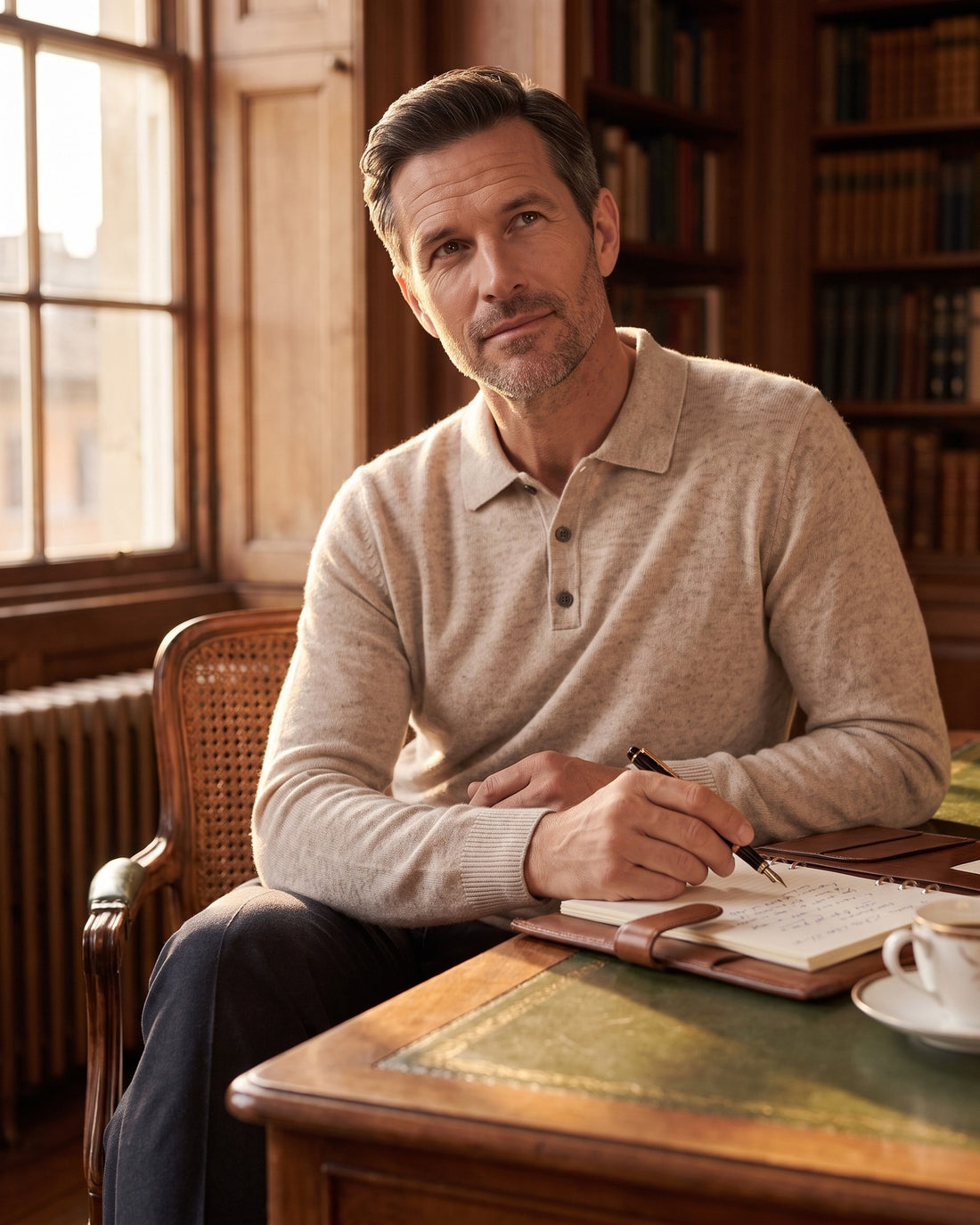 KEPT Men's Knit Polo - Biella in beige, worn at a desk