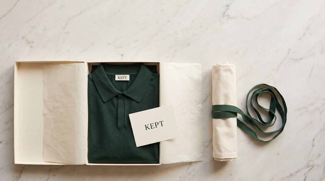 KEPT box, tissue, card and ribbon laid out with a folded polo