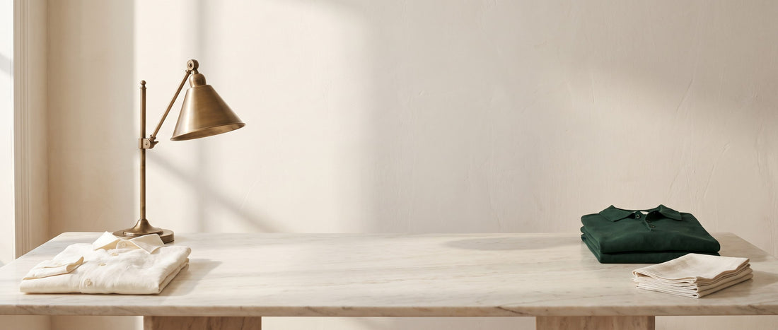 Folded ivory shirt and a brass lamp on a marble table