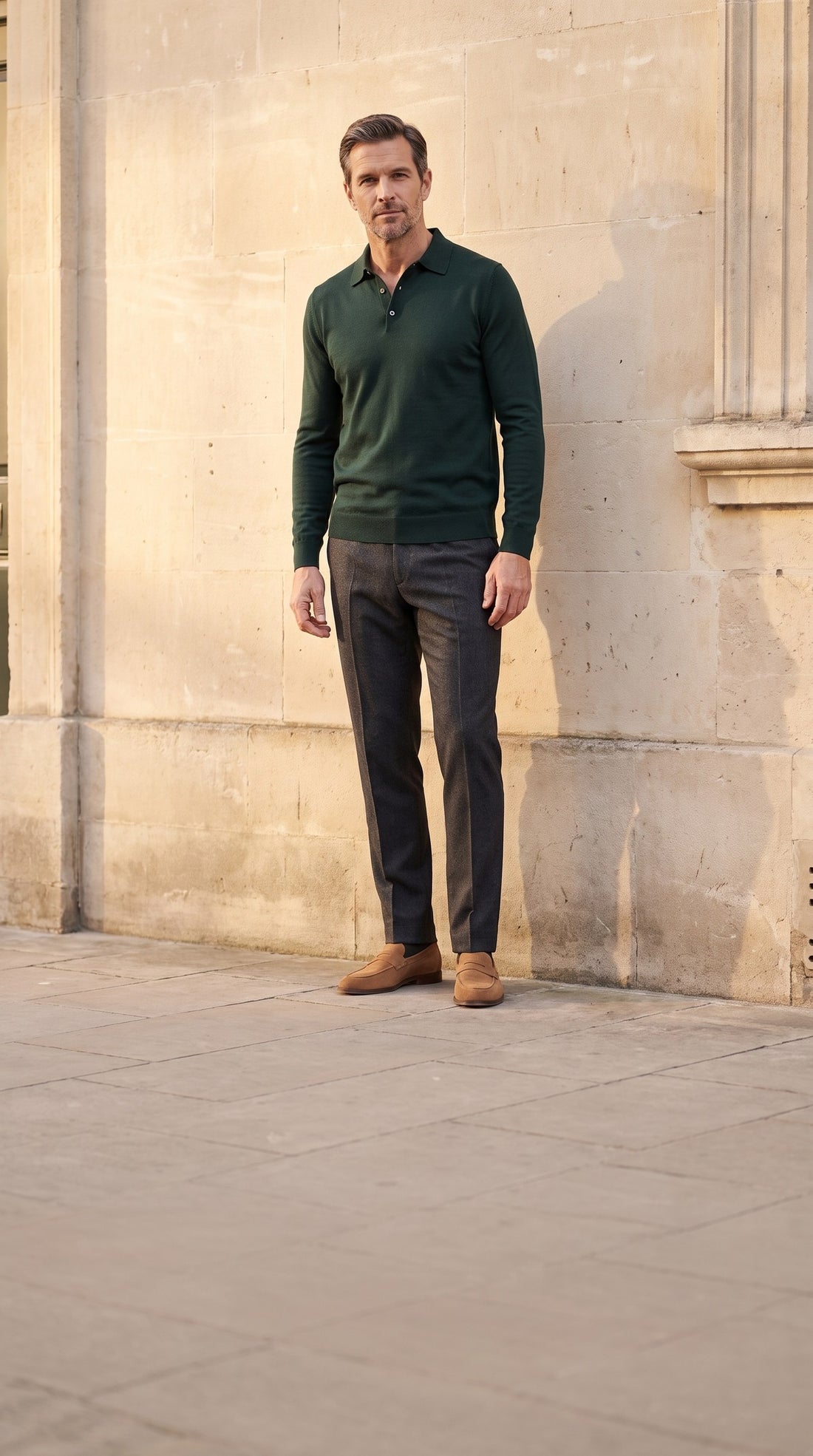 Man in a bottle-green knit polo against a limestone wall