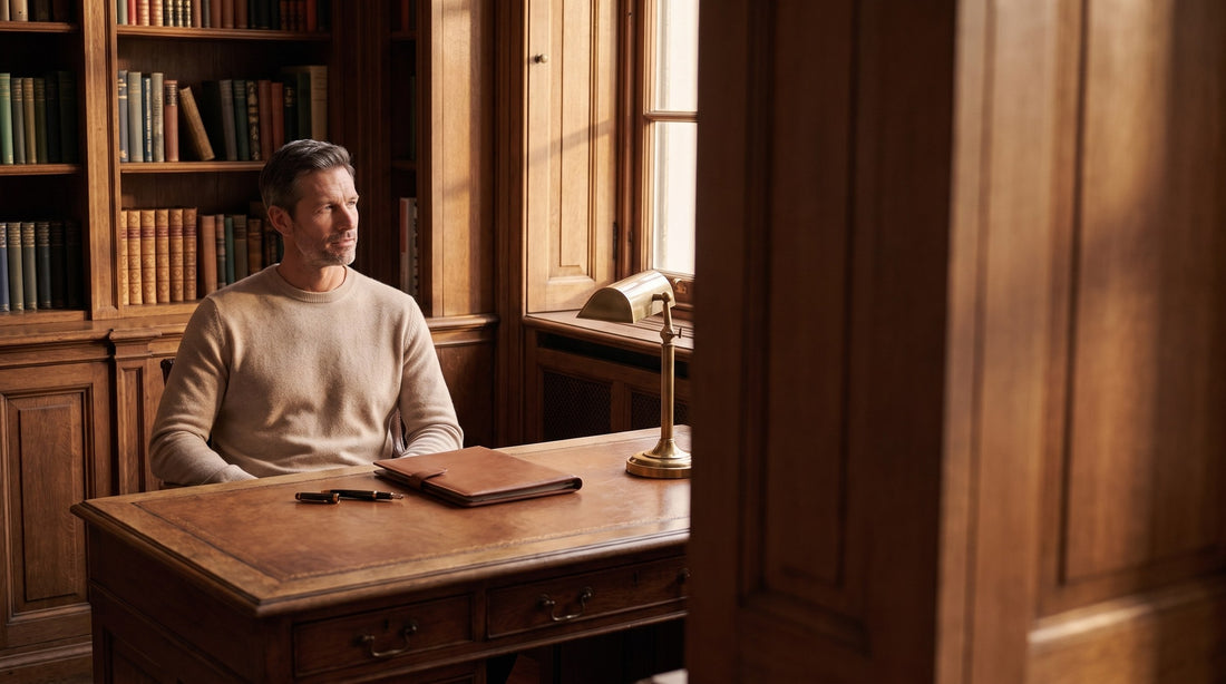 Man in a beige sweater at a desk in a panelled study