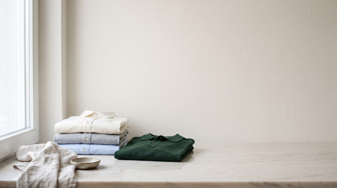 Freshly laundered folded shirts stacked by a window